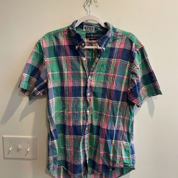Ralph Lauren Women Blue Green Pink Blouse Shirt L Button Short Sleeve Custom Fit - Picture 2 of 4